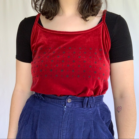 VTG 90s Red Velvet Black Sparkle Camisole Tank L - Picture 2 of 6